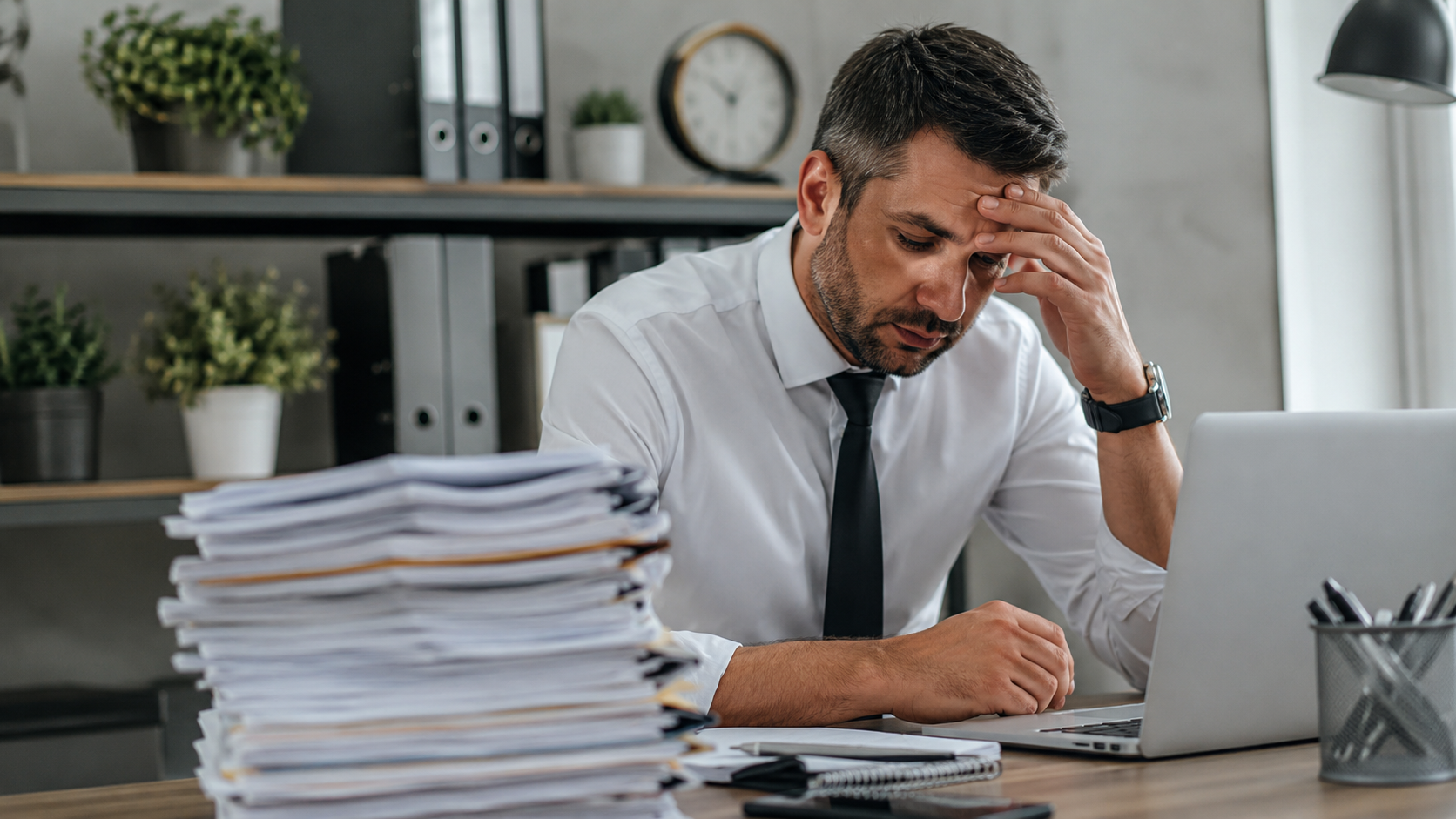 Servidor público em ambiente administrativo analisando documentos e demonstrando preocupação com o acúmulo de trabalho e a ausência de férias, representando os desafios relacionados às férias não concedidas no serviço público.