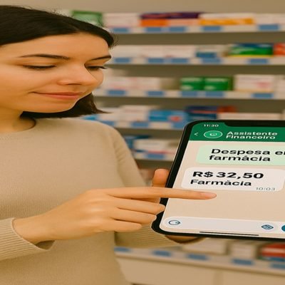 Mulher em farmácia digitando valor de compra no WhatsApp para controle financeiro