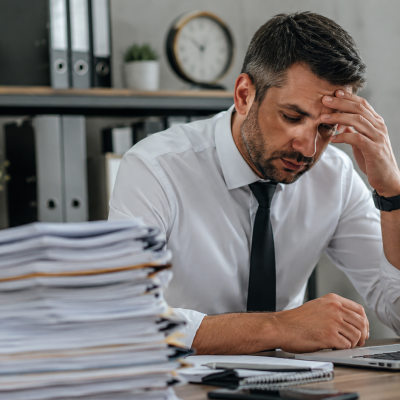 Servidor público em ambiente administrativo analisando documentos e demonstrando preocupação com o acúmulo de trabalho e a ausência de férias, representando os desafios relacionados às férias não concedidas no serviço público.